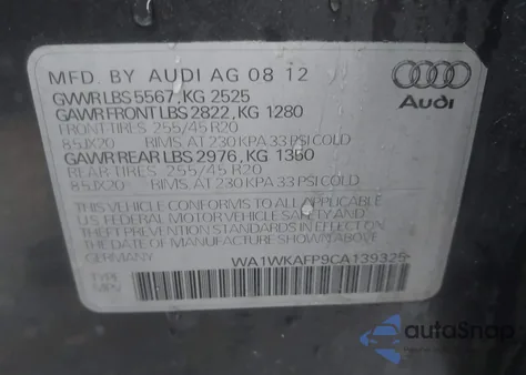 2012 Audi Q5 3.2 Premium z USA, uszkodzony, nr VIN WA1WKAFP9CA139325